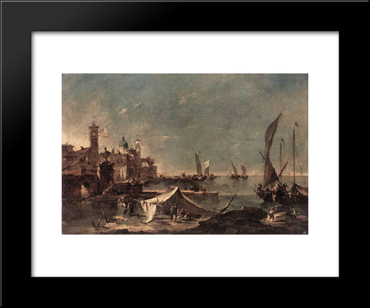 Landscape With A Fisherman'S 20x24 Black Modern Wood Framed Art Print Poster by Guardi, Francesco