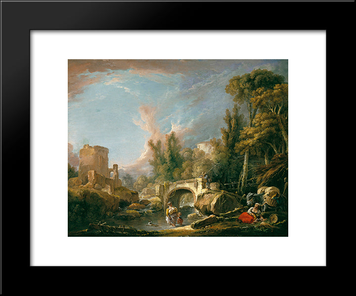 River Landscape With Ruin And Bridge 20x24 Black Modern Wood Framed Art Print Poster by Boucher, Francois