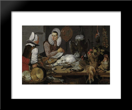 A Kitchen Interior With A Maid And A Lady Preparing Game 20x24 Black Modern Wood Framed Art Print Poster by Hals, Frans