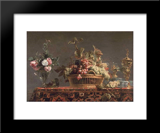 Grapes In A Basket And Roses In A Vase 20x24 Black Modern Wood Framed Art Print Poster by Snyders, Frans