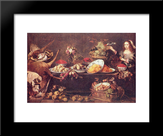 Large Still Life With A Lady And Parrot 20x24 Black Modern Wood Framed Art Print Poster by Snyders, Frans