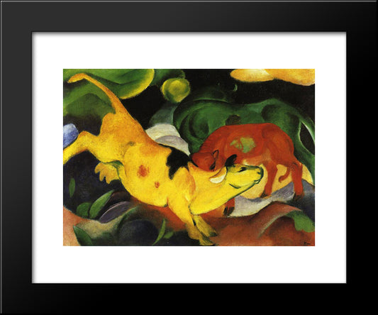 Cows, Yellow-Red-Green 20x24 Black Modern Wood Framed Art Print Poster by Marc, Franz