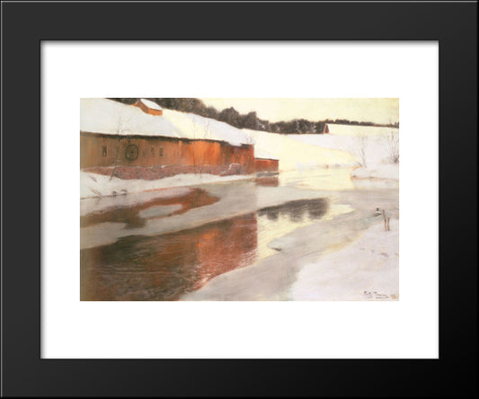 A Factory Building Near An Icy River In Winter 20x24 Black Modern Wood Framed Art Print Poster by Thaulow, Frits