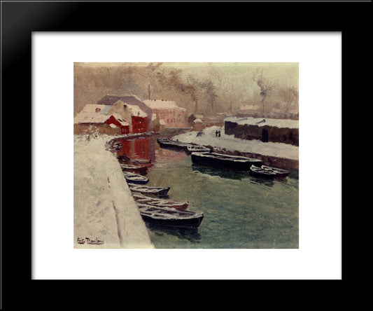 A Snowy Harbor View 20x24 Black Modern Wood Framed Art Print Poster by Thaulow, Frits