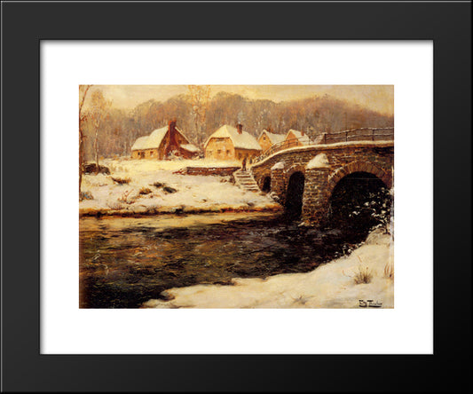 A Stone Bridge Over A Stream In Winter 20x24 Black Modern Wood Framed Art Print Poster by Thaulow, Frits