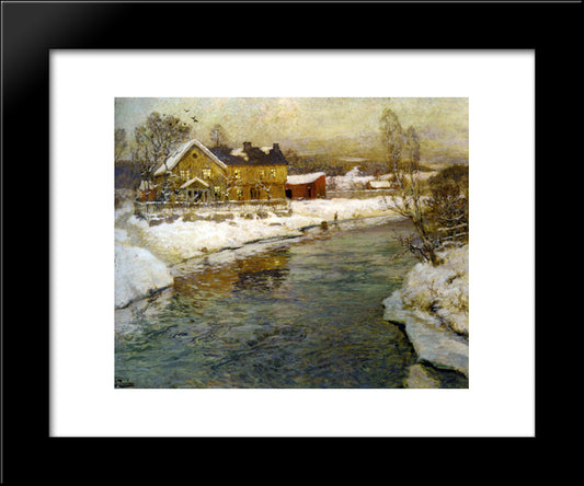 Cottage By A Canal In The Snow 20x24 Black Modern Wood Framed Art Print Poster by Thaulow, Frits