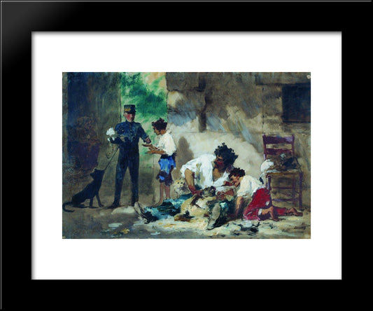 Dog Grooming In Children Portraits, 20x24 Black Modern Wood Framed Art Print Poster by Bronnikov, Fyodor
