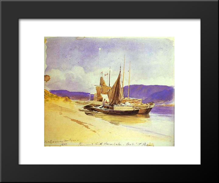 Barges Near The Bank 20x24 Black Modern Wood Framed Art Print Poster by Vasilyev, Fyodor