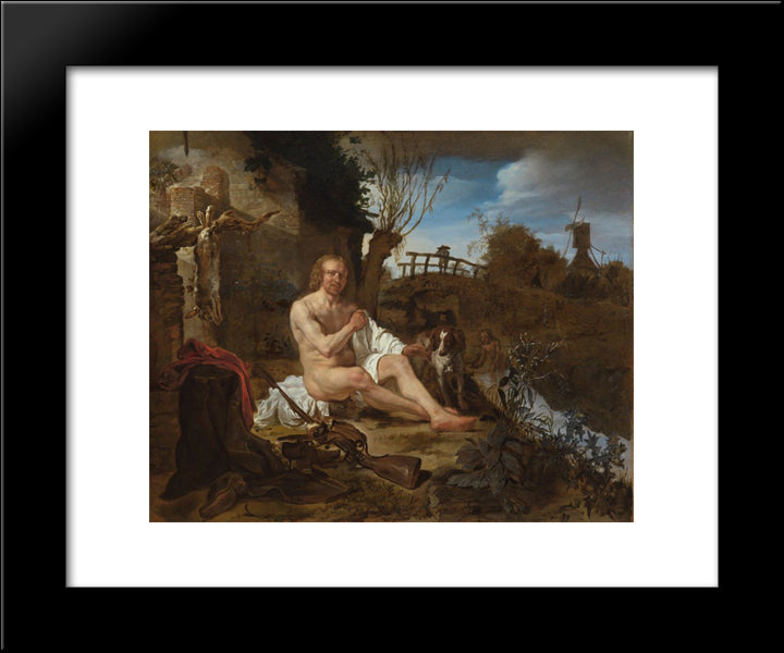 A Hunter Getting Dressed After Bathing 20x24 Black Modern Wood Framed Art Print Poster by Metsu, Gabriel