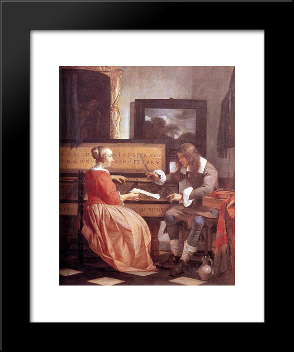 A Man And A Woman Seated By A Virginal 20x24 Black Modern Wood Framed Art Print Poster by Metsu, Gabriel