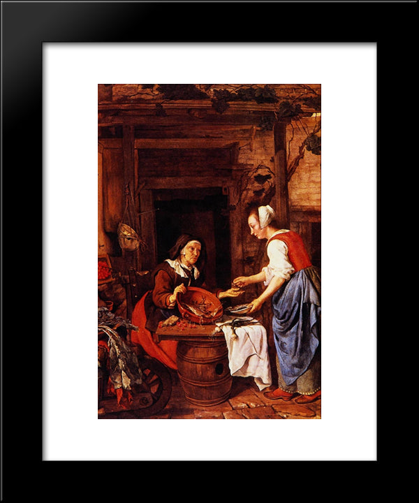 An Old Woman Selling Fish 20x24 Black Modern Wood Framed Art Print Poster by Metsu, Gabriel