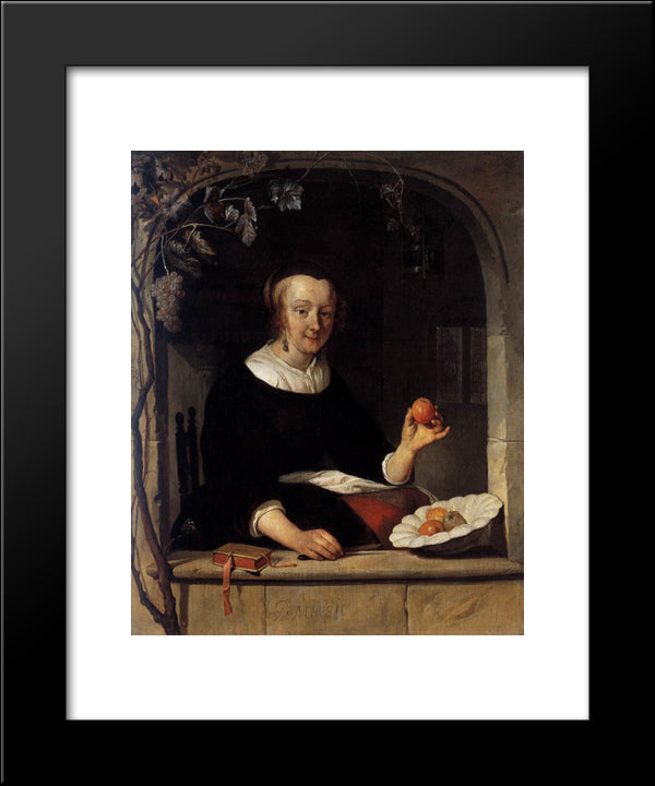 Lady Seated In A Window 20x24 Black Modern Wood Framed Art Print Poster by Metsu, Gabriel