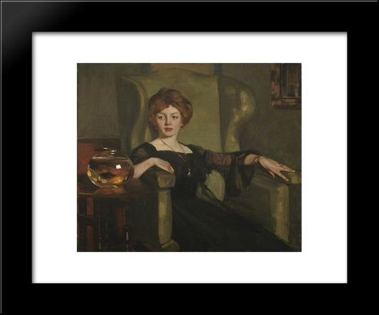 Lady With Goldfish 20x24 Black Modern Wood Framed Art Print Poster by Henry, George