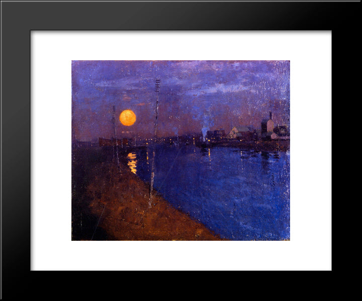River Landscape By Moonlight 20x24 Black Modern Wood Framed Art Print Poster by Henry, George