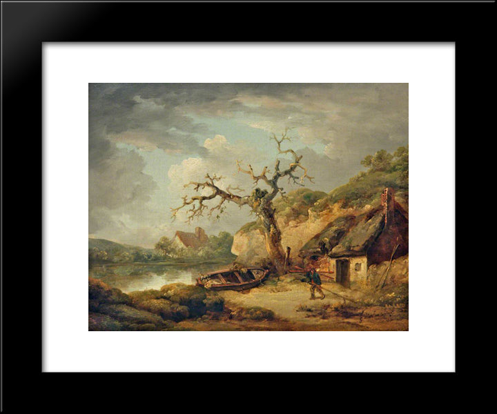 Lake Scene And A Cottage 20x24 Black Modern Wood Framed Art Print Poster by Morland, George