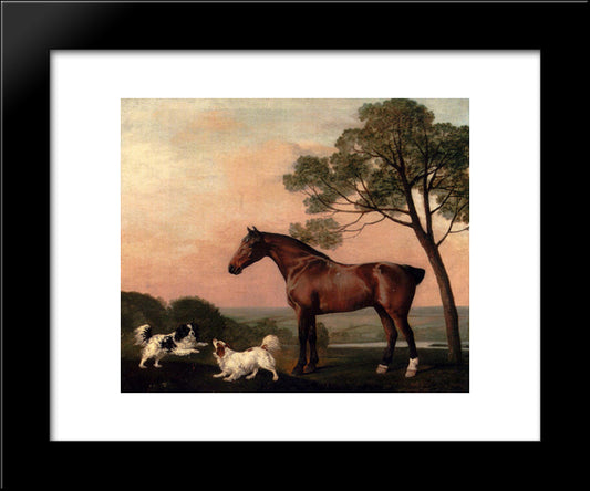 A Bay Hunter With Two Spaniels 20x24 Black Modern Wood Framed Art Print Poster by Stubbs, George