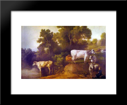 Cattle By A Stream 20x24 Black Modern Wood Framed Art Print Poster by Stubbs, George