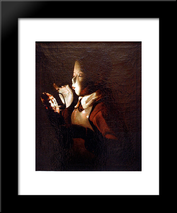 Boy Blowing At Lamp 20x24 Black Modern Wood Framed Art Print Poster by La Tour, Georges de