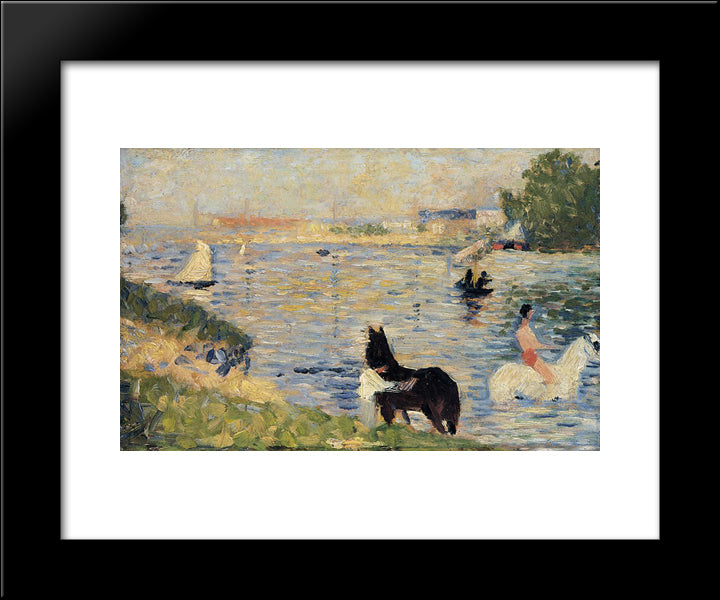 Horses In The Water 20x24 Black Modern Wood Framed Art Print Poster by Seurat, Georges