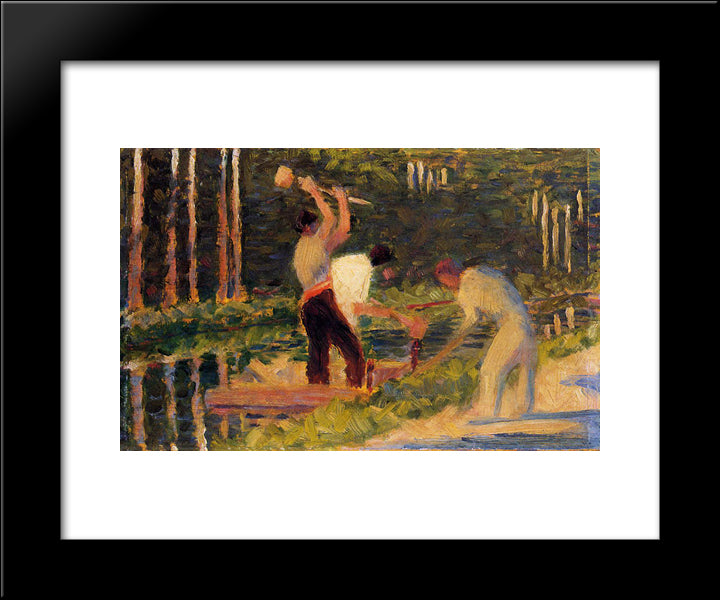 Men Laying Stakes 20x24 Black Modern Wood Framed Art Print Poster by Seurat, Georges