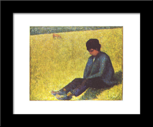 Peasant Boy Sitting In A Meadow 20x24 Black Modern Wood Framed Art Print Poster by Seurat, Georges