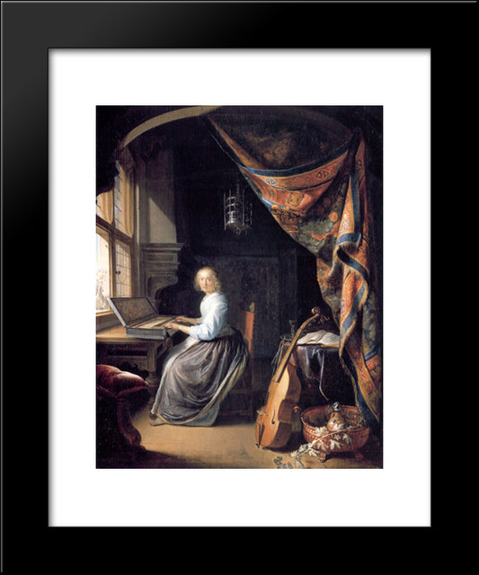 A Lady Playing The Clavichord 20x24 Black Modern Wood Framed Art Print Poster by Gerrit, Dou