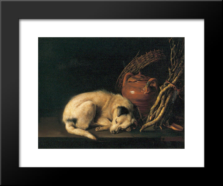 A Sleeping Dog With Terracotta Pot 20x24 Black Modern Wood Framed Art Print Poster by Gerrit, Dou