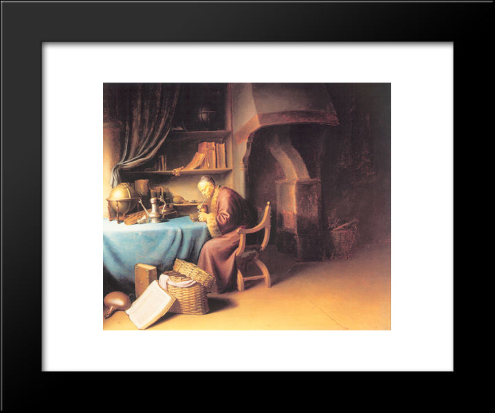 An Old Man Lighting His Pipe In A Study 20x24 Black Modern Wood Framed Art Print Poster by Gerrit, Dou