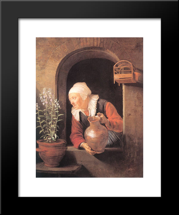 Old Woman Watering Flowers 20x24 Black Modern Wood Framed Art Print Poster by Gerrit, Dou
