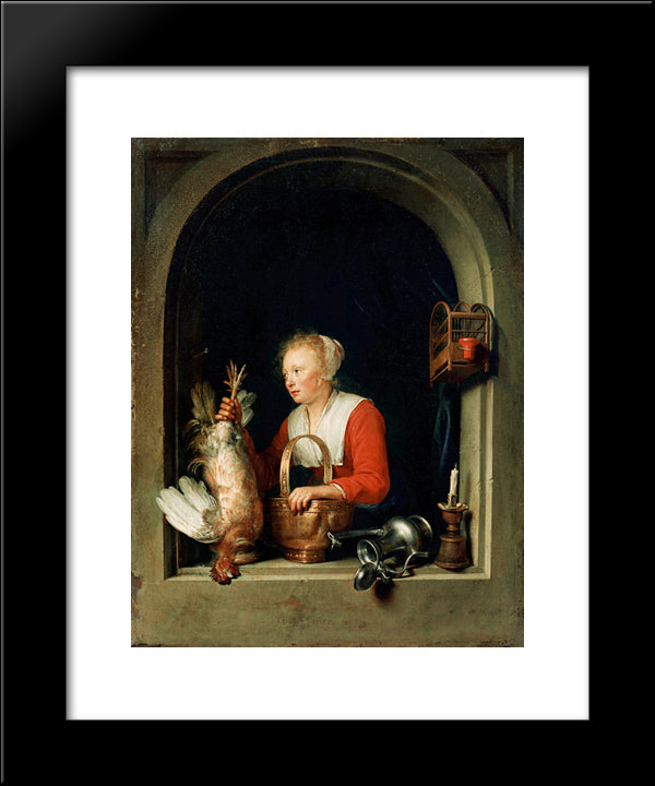 The Dutch Housewife Or, The Woman Hanging A Cockerel In The Window 20x24 Black Modern Wood Framed Art Print Poster by Gerrit, Dou