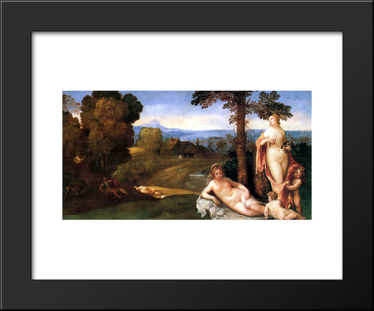 Nymphs And Children In A Landscape With Shepherds 20x24 Black Modern Wood Framed Art Print Poster by Giorgione