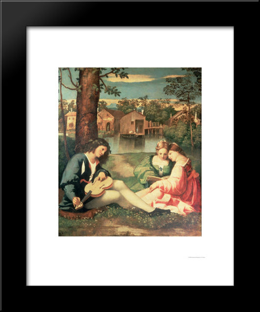 Youth With A Guitar And Two Girls Sitting On A River Bank 20x24 Black Modern Wood Framed Art Print Poster by Giorgione