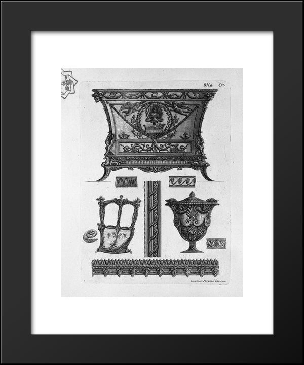 A Chest Of Drawers, A Side Of The Sedan, A Decorative Vase And Various Ornamental Motifs 20x24 Black Modern Wood Framed Art Print Poster by Piranesi, Giovanni Battista