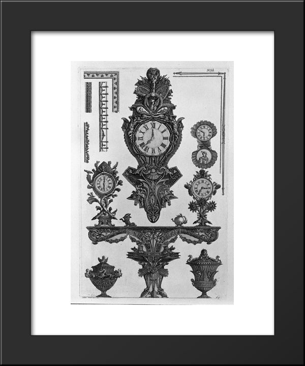 A Table With The Vessel Wall Rostrata, Four Clocks, Two Decorative Vases, Ornaments 20x24 Black Modern Wood Framed Art Print Poster by Piranesi, Giovanni Battista