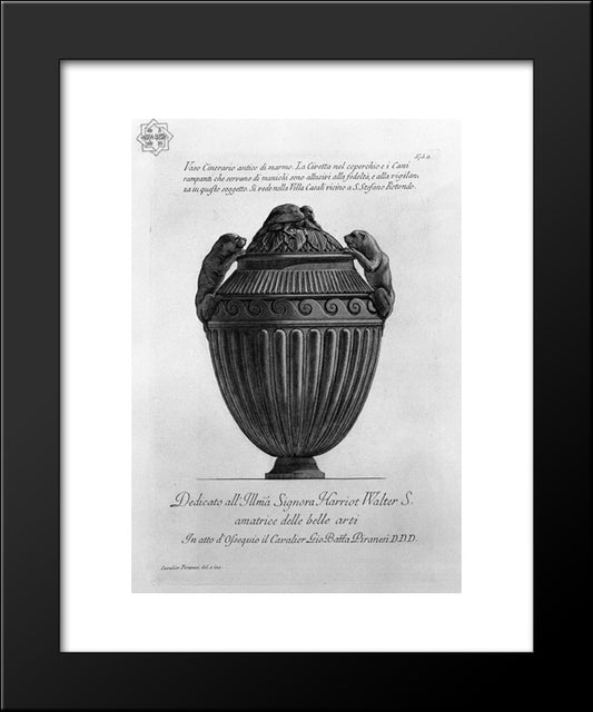 Ancient Marble Urn Vase With Dogs And An Owl Flying Buttresses, Ribbed 20x24 Black Modern Wood Framed Art Print Poster by Piranesi, Giovanni Battista