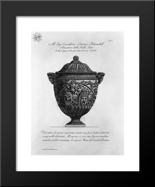 Ancient Marble Vase Decorated With Twisted Stems Of Ivy, Birds And Scenic Masks Scherzanti 20x24 Black Modern Wood Framed Art Print Poster by Piranesi, Giovanni Battista