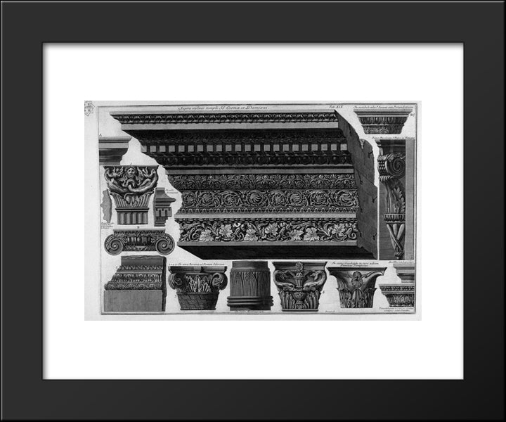 Architrave, Frieze, Cornice, Various Capitals (Saints Cosmas And Damian, St. Peter, Etc.) 20x24 Black Modern Wood Framed Art Print Poster by Piranesi, Giovanni Battista