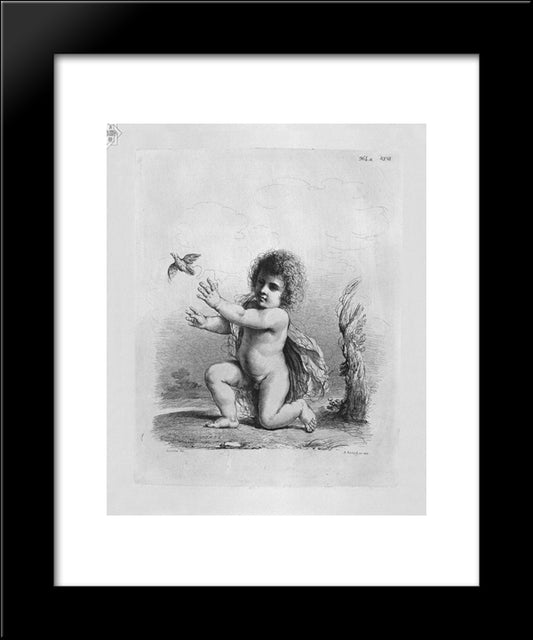 Cherub Kneeling Releasing A Bird By Guercino 20x24 Black Modern Wood Framed Art Print Poster by Piranesi, Giovanni Battista