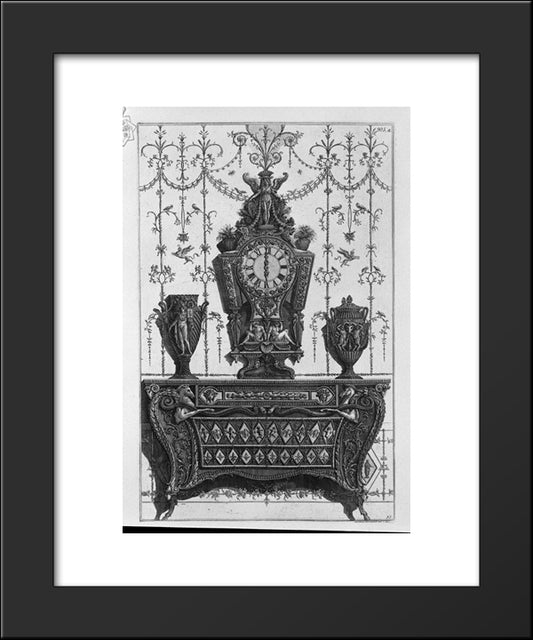 Chest Of Drawers With Patterns Of Diamonds, On A Clock And Two Decorative Vases 20x24 Black Modern Wood Framed Art Print Poster by Piranesi, Giovanni Battista