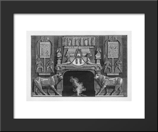 Fireplace In Egyptian-Style, On Each Side Of A Sacred Cow In Profile With Her Head Toward The Fire 20x24 Black Modern Wood Framed Art Print Poster by Piranesi, Giovanni Battista