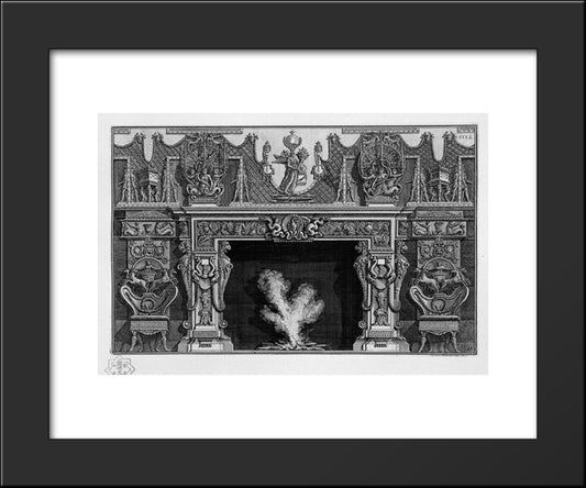 Fireplace With A Frieze Of Armor; Heron In A Shell At The Center Between Two Dragons 20x24 Black Modern Wood Framed Art Print Poster by Piranesi, Giovanni Battista