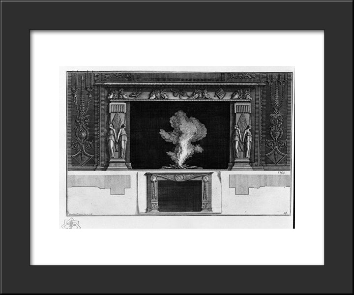 Fireplace With A Frieze Of Masks, Winged Figures At The Hips; Other Way Smaller Inferiorly 20x24 Black Modern Wood Framed Art Print Poster by Piranesi, Giovanni Battista