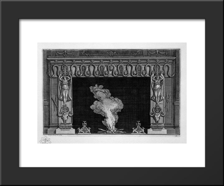 Fireplace With A Frieze Of Serpents And Winged Figures Above The Hips Bucranes 20x24 Black Modern Wood Framed Art Print Poster by Piranesi, Giovanni Battista