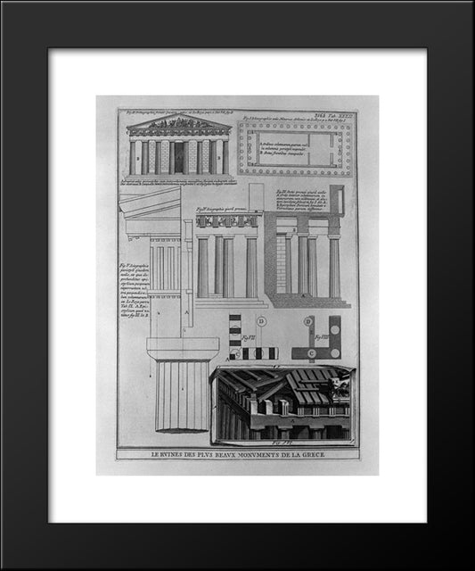 Plan, Elevation And Details Of Doric Temples In Greece (From Le Roy) 20x24 Black Modern Wood Framed Art Print Poster by Piranesi, Giovanni Battista