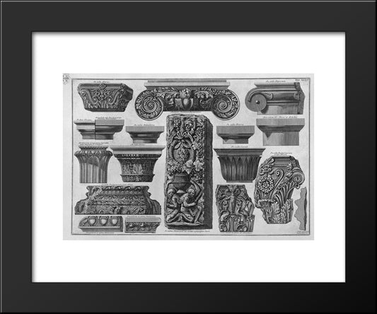 Several Capitals And A Bas-Relief (Farnese Gardens, Villa Barberini, Etc.) 20x24 Black Modern Wood Framed Art Print Poster by Piranesi, Giovanni Battista