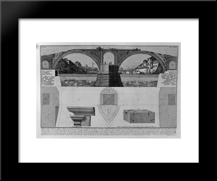 The Roman Antiquities, T. 4, Plate Xviii. Inscriptions In Bridge Of Four Heads. 20x24 Black Modern Wood Framed Art Print Poster by Piranesi, Giovanni Battista