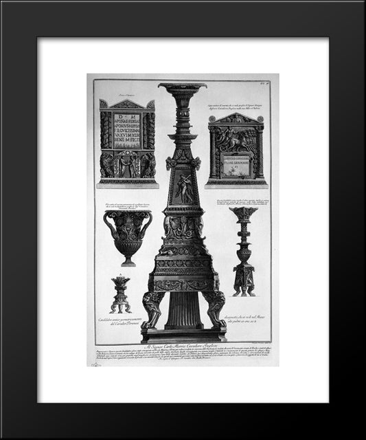 Three Candlesticks, A Vase And Two Stones 20x24 Black Modern Wood Framed Art Print Poster by Piranesi, Giovanni Battista