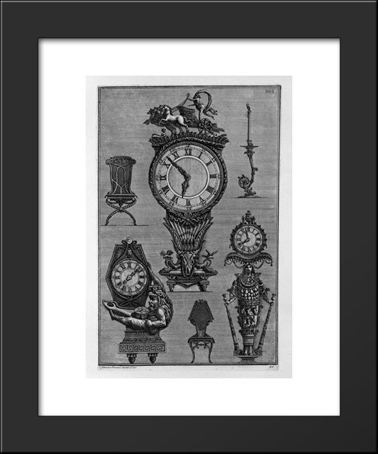 Three Clocks, Two Chairs, A Chandelier 20x24 Black Modern Wood Framed Art Print Poster by Piranesi, Giovanni Battista