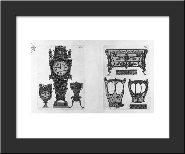 Two Clocks And A Chair Two Sides Of The Sedan, And A Chest 20x24 Black Modern Wood Framed Art Print Poster by Piranesi, Giovanni Battista