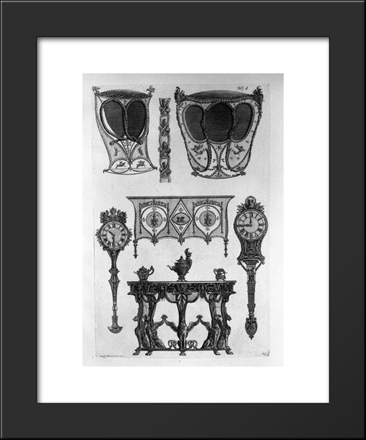 Two Sides Of Sedan Chairs, Two Tables To The Wall, Two Clocks, Three Coffee Makers, A Frieze 20x24 Black Modern Wood Framed Art Print Poster by Piranesi, Giovanni Battista